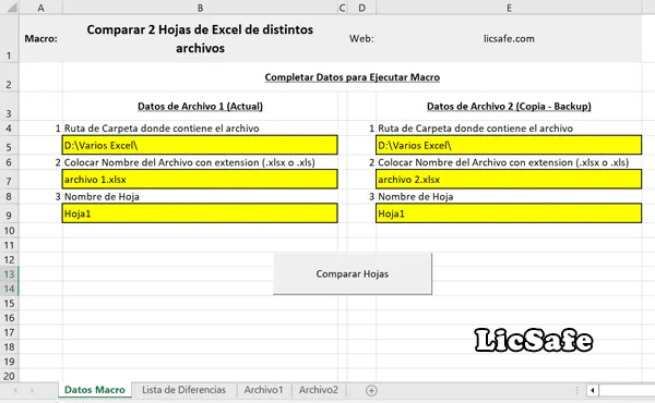 Comparar dos hojas Excel configurar datos