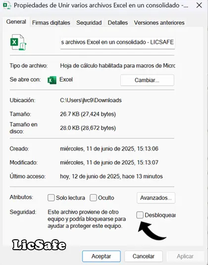 Habilitar Macro - propiedades de archivo Excel