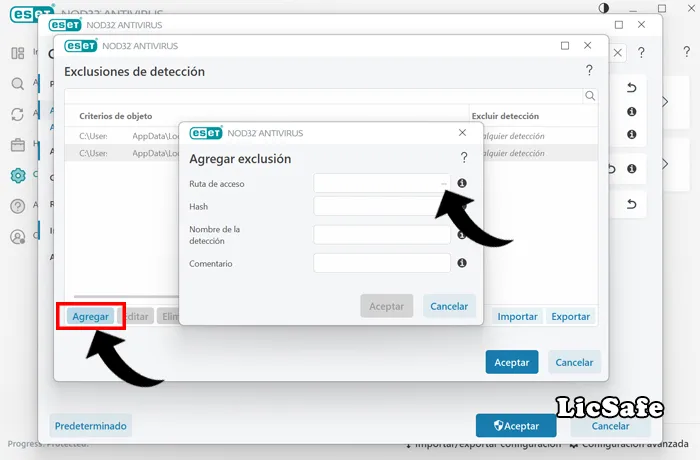 Excluir programa en ESET ruta de acceso del archivo