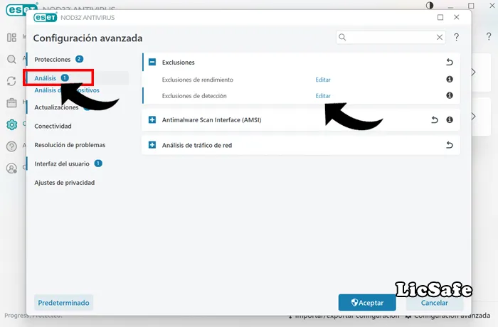 modulo de exclusión de detección en ESET NOD32